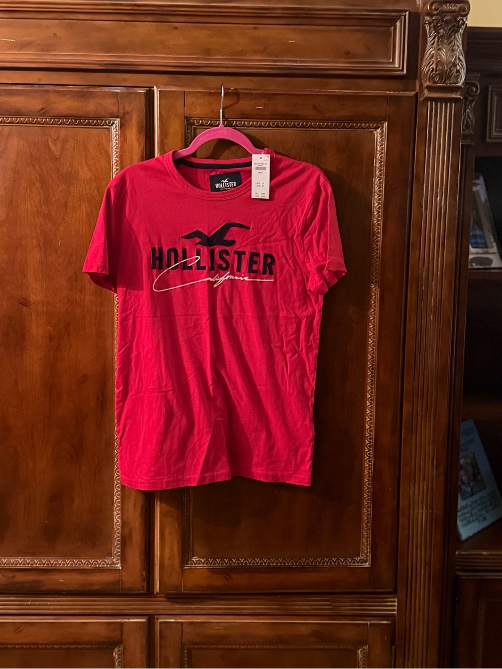 Hollister Men's Crewneck Logo Tee in Bright Red with Black Logo